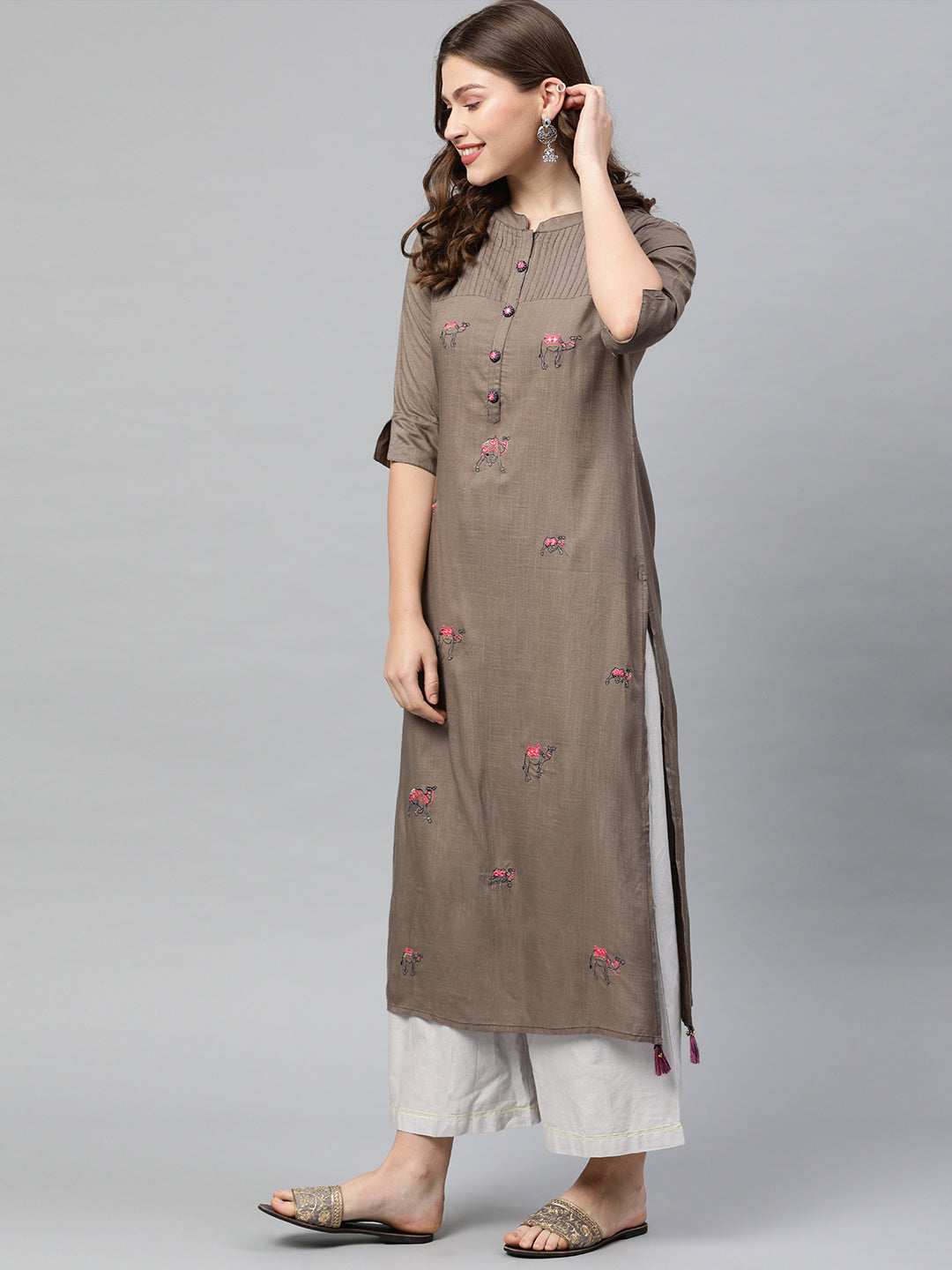 Neerus Grey rayon embroidered straight kurta - side view