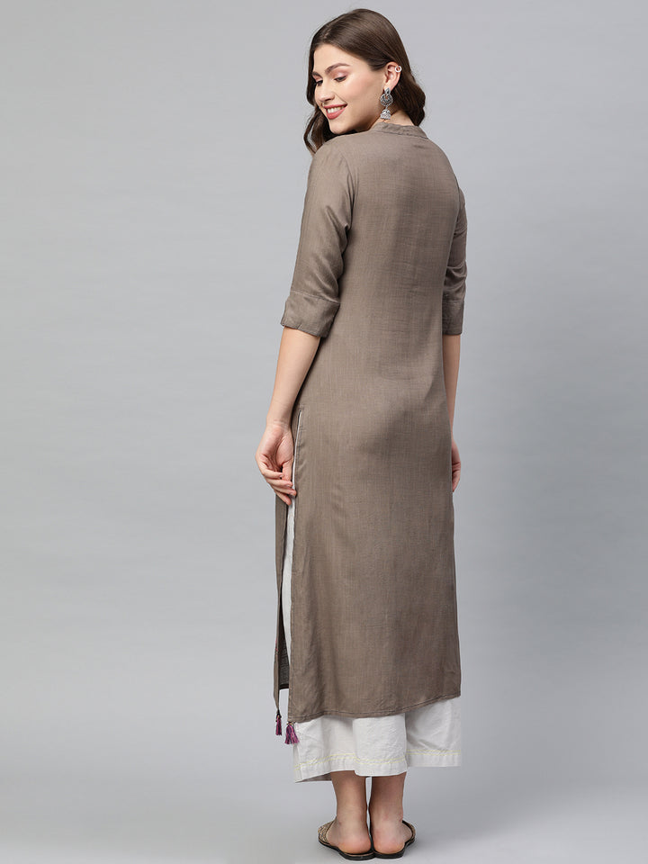 Neerus Grey rayon embroidered straight kurta - detail view 1