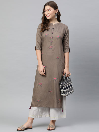 Neeru's Women Grey Quirky Embroidered Straight Kurta