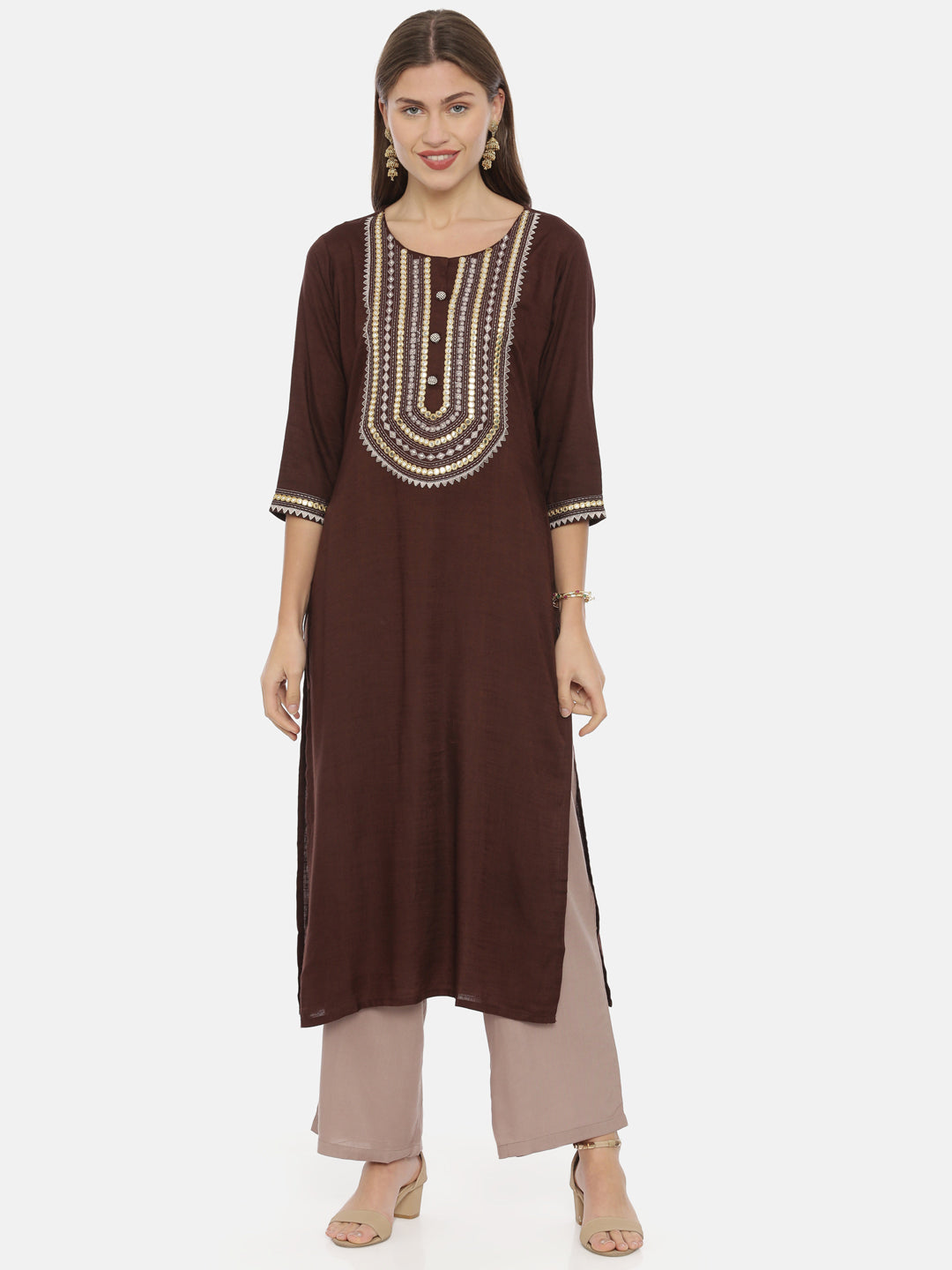 Neerus Brown Embroidered Straight Kurta