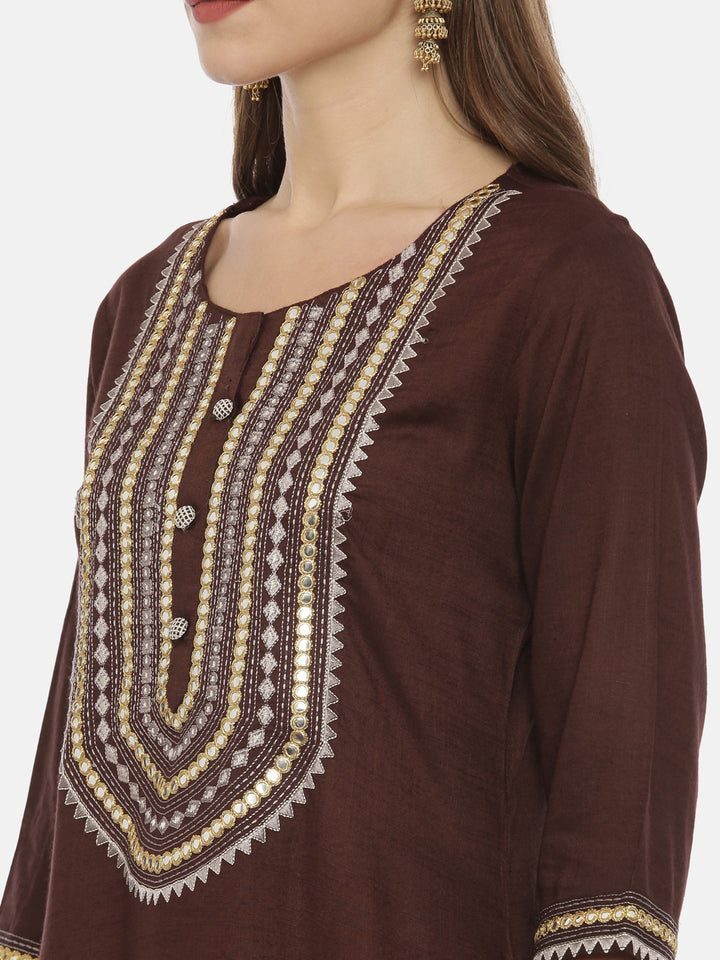 Neerus Brown Embroidered Straight Kurta
