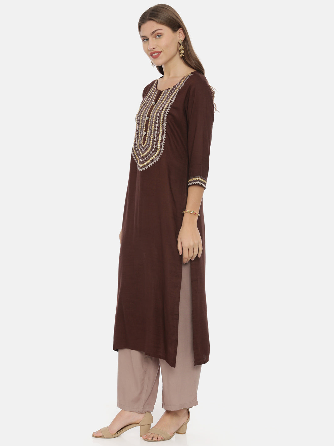 Neerus Brown Embroidered Straight Kurta
