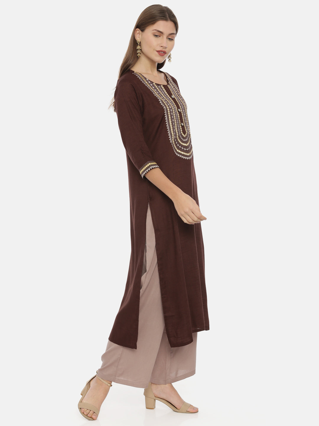 Neerus Brown Embroidered Straight Kurta