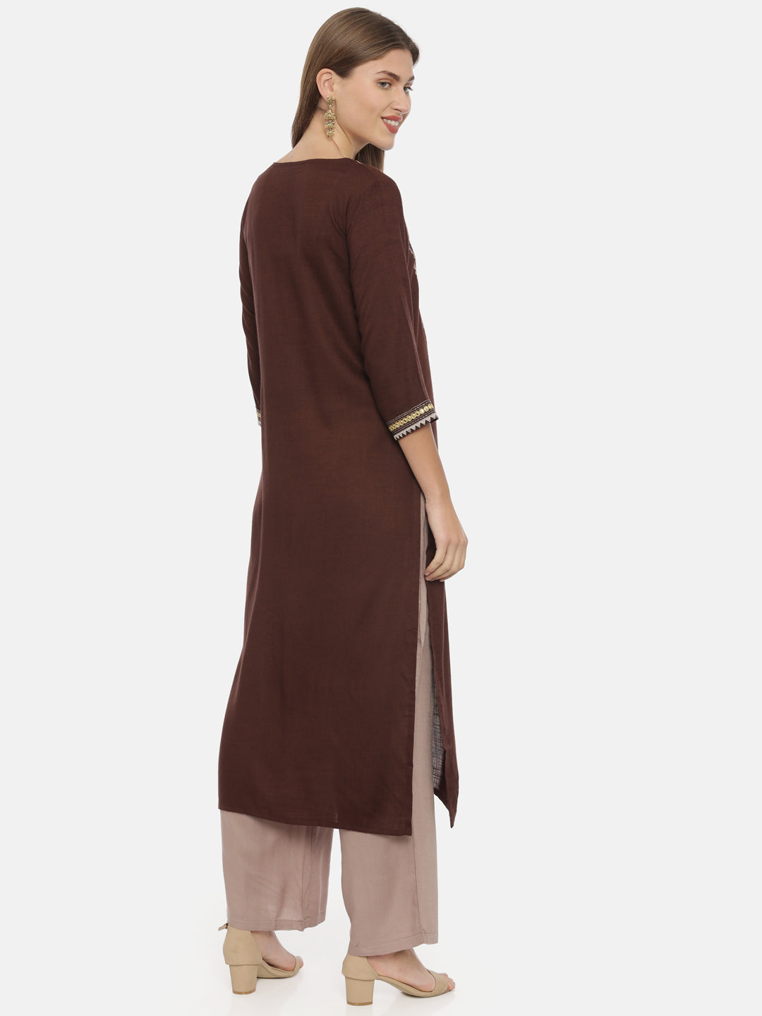 Neerus Brown Embroidered Straight Kurta