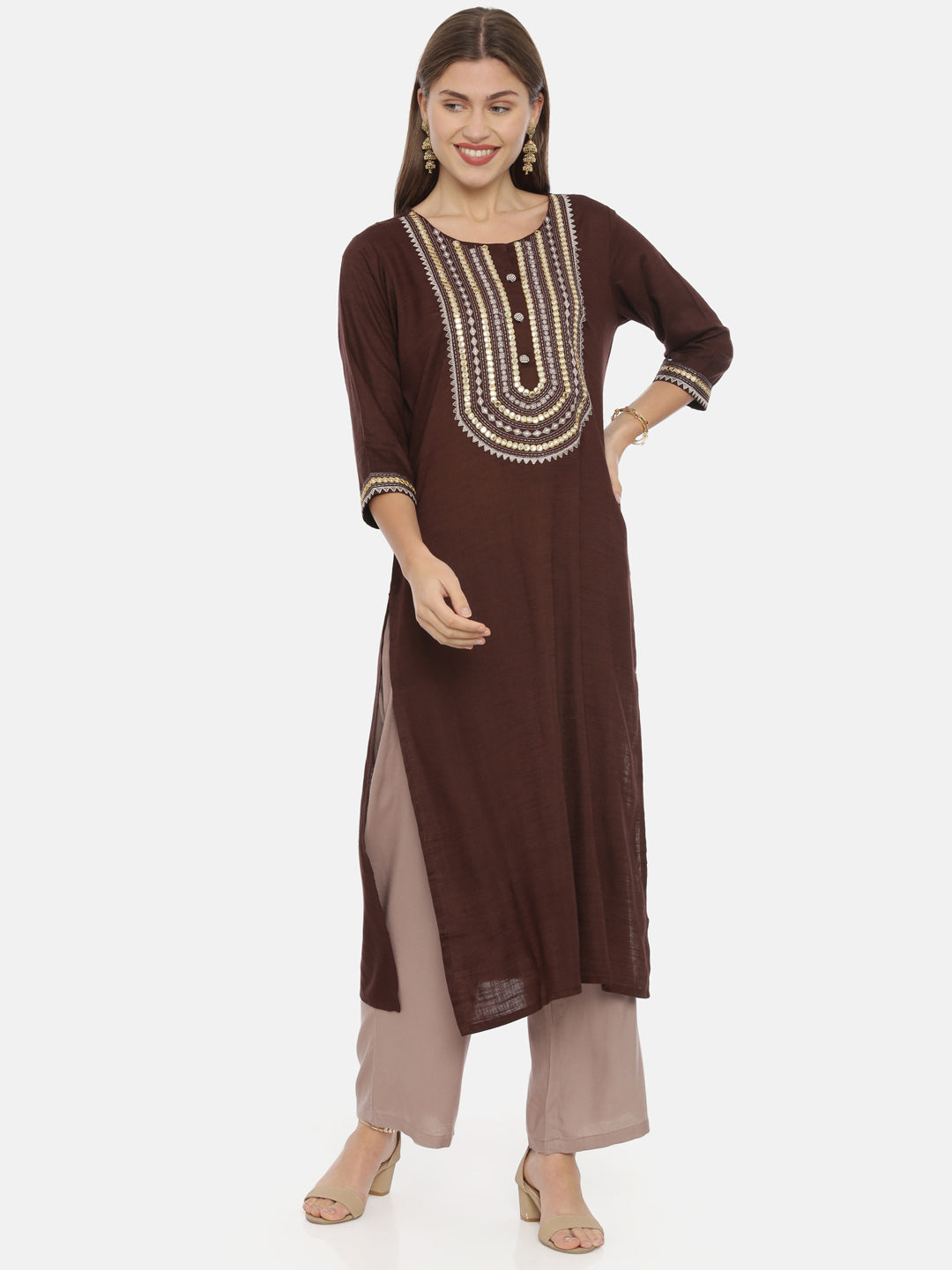 Neerus Brown Embroidered Straight Kurta