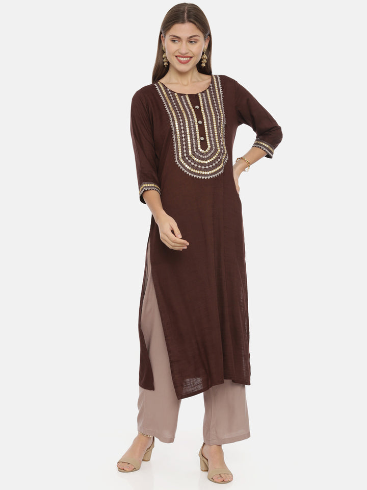 Neerus Brown Embroidered Straight Kurta