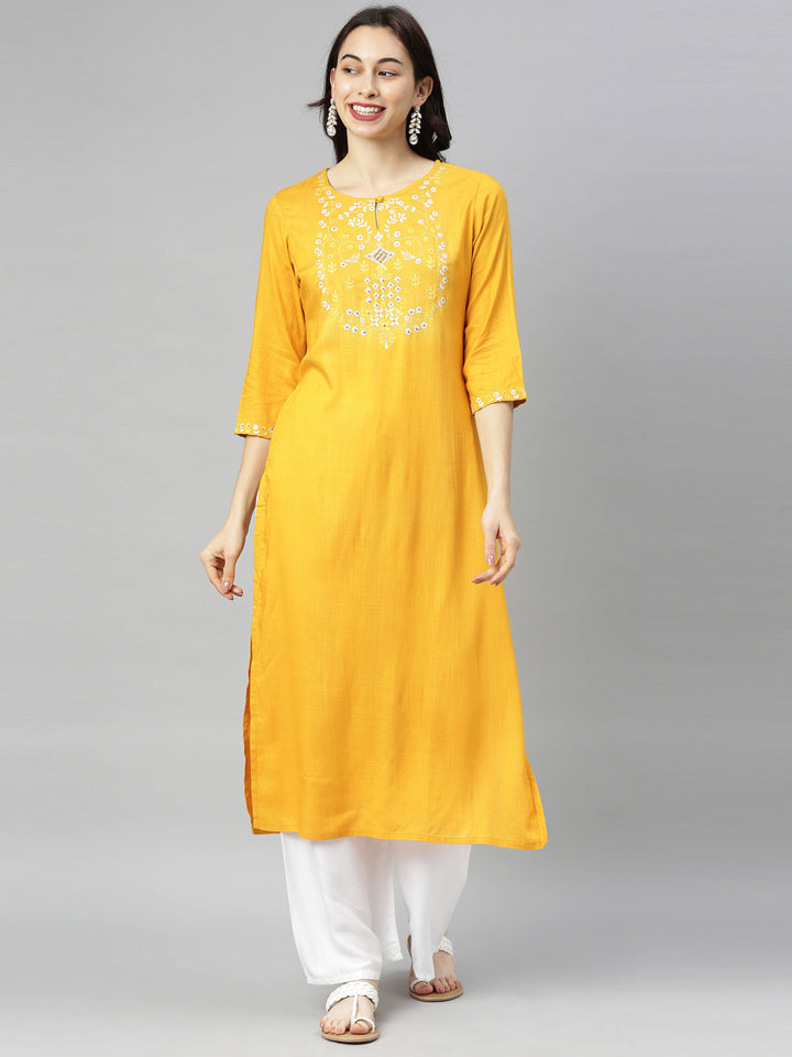 Neerus Yellow Embroidered Straight Kurta