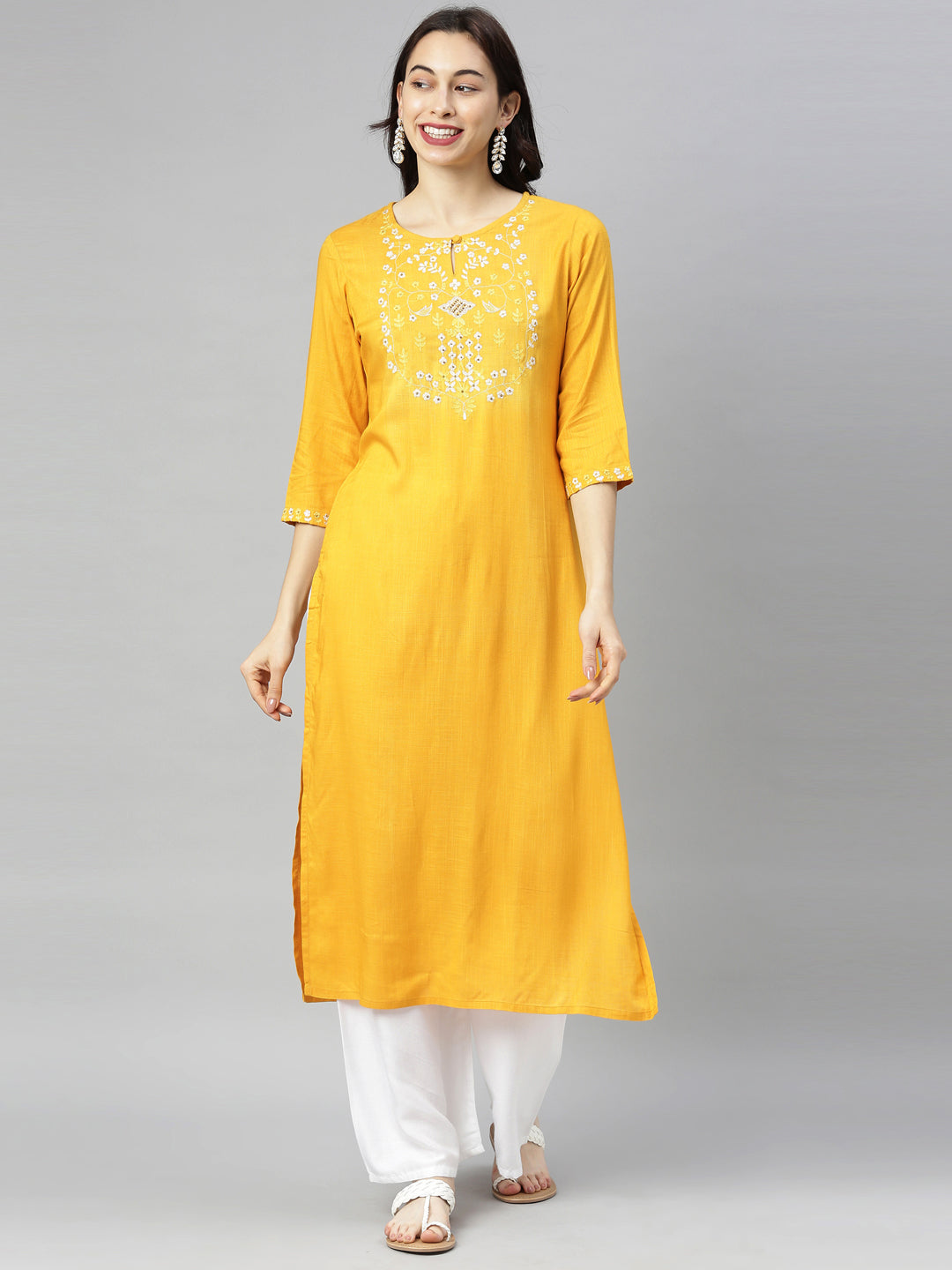 Neeru's Yellow Embroidered Straight Kurta