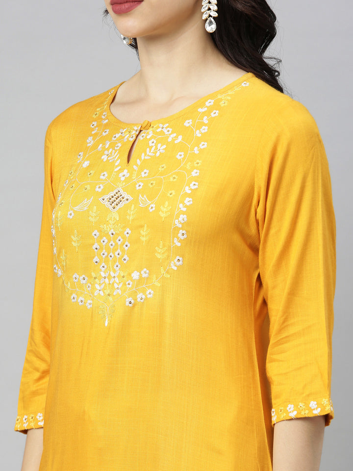 Neerus Yellow Embroidered Straight Kurta