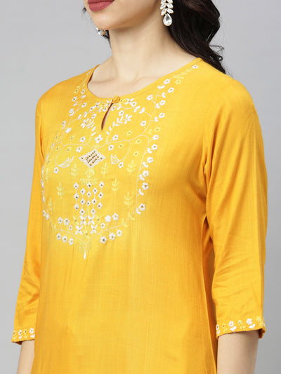 Neeru's Yellow Embroidered Straight Kurta