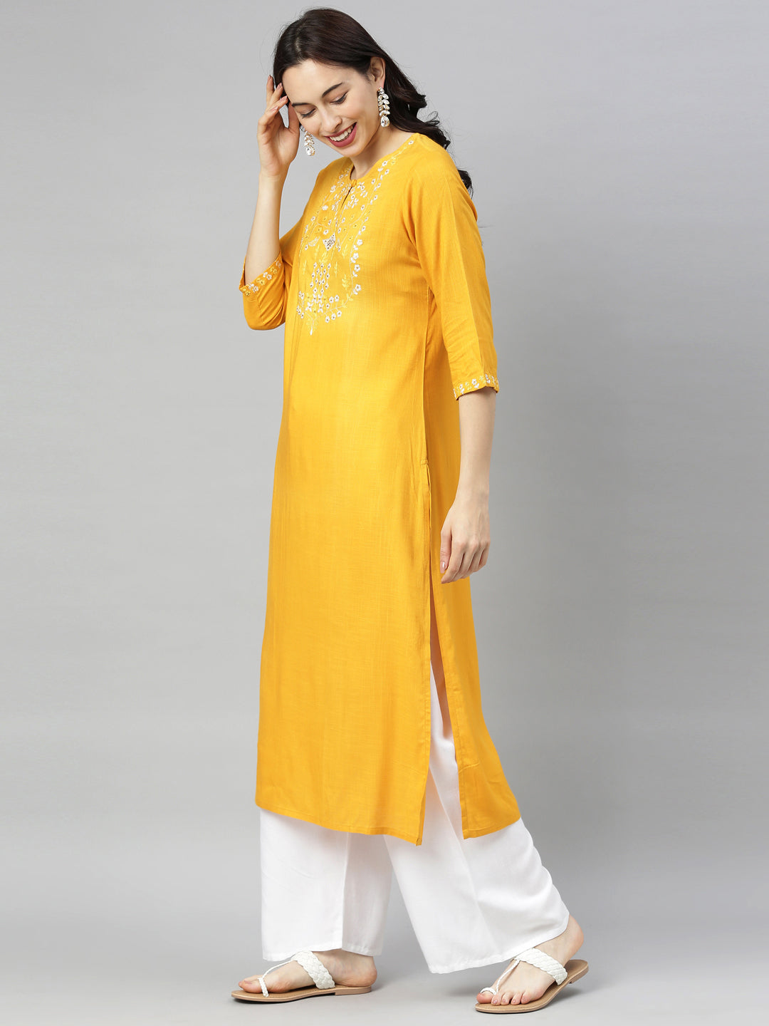 Neeru's Yellow Embroidered Straight Kurta