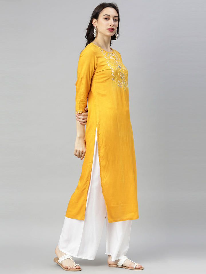 Neerus Yellow Embroidered Straight Kurta