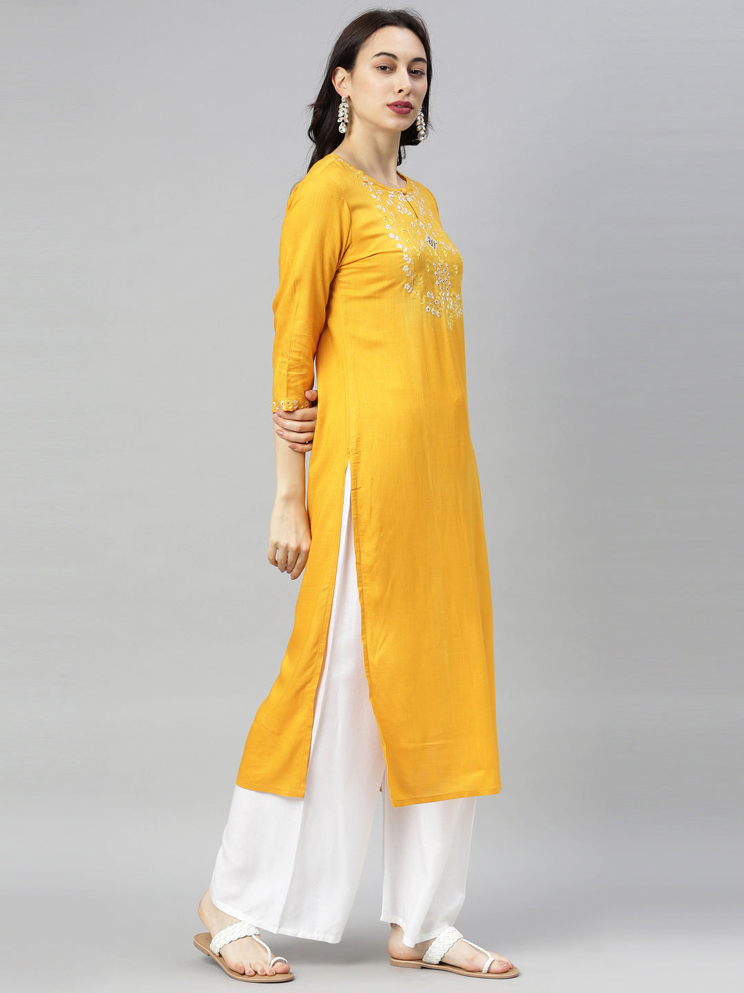 Neeru's Yellow Embroidered Straight Kurta