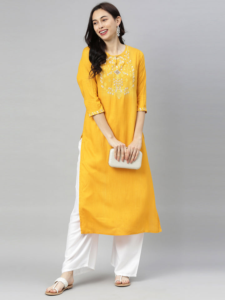 Neerus Yellow Embroidered Straight Kurta
