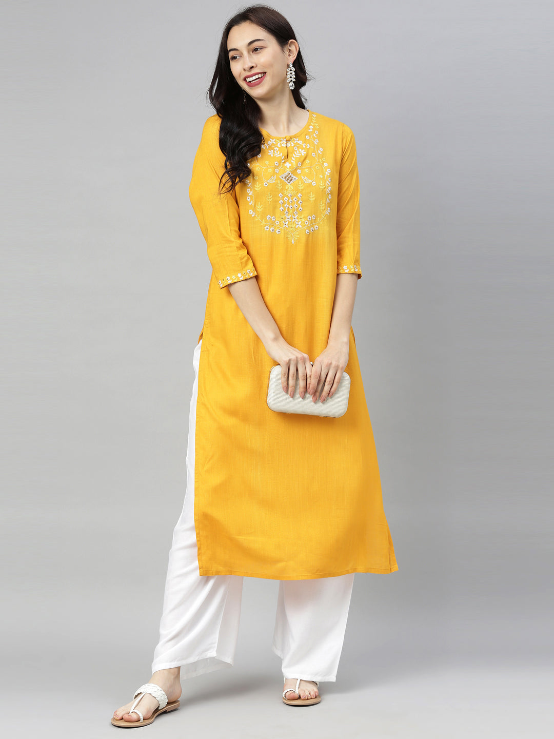 Neeru's Yellow Embroidered Straight Kurta
