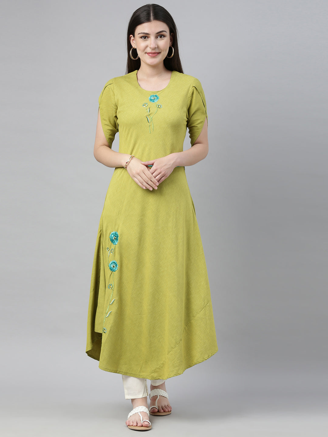 Neerus Green rayon solid kurti - front view
