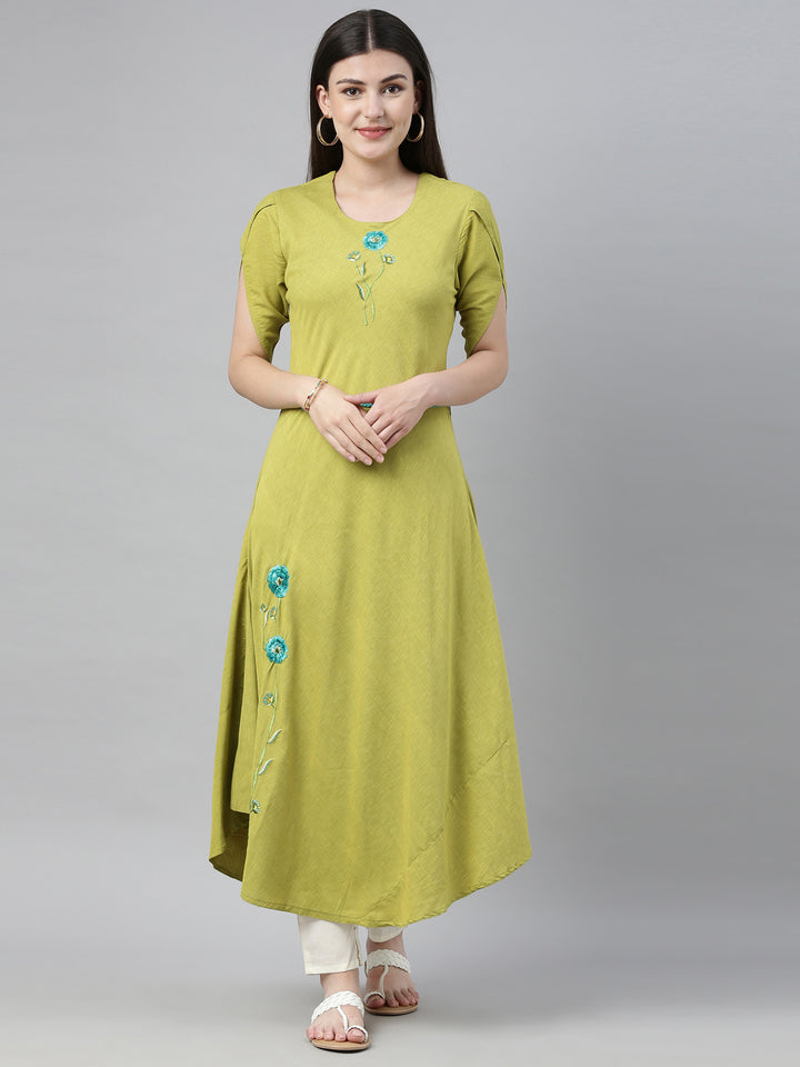 Neerus Green rayon solid kurti - front view