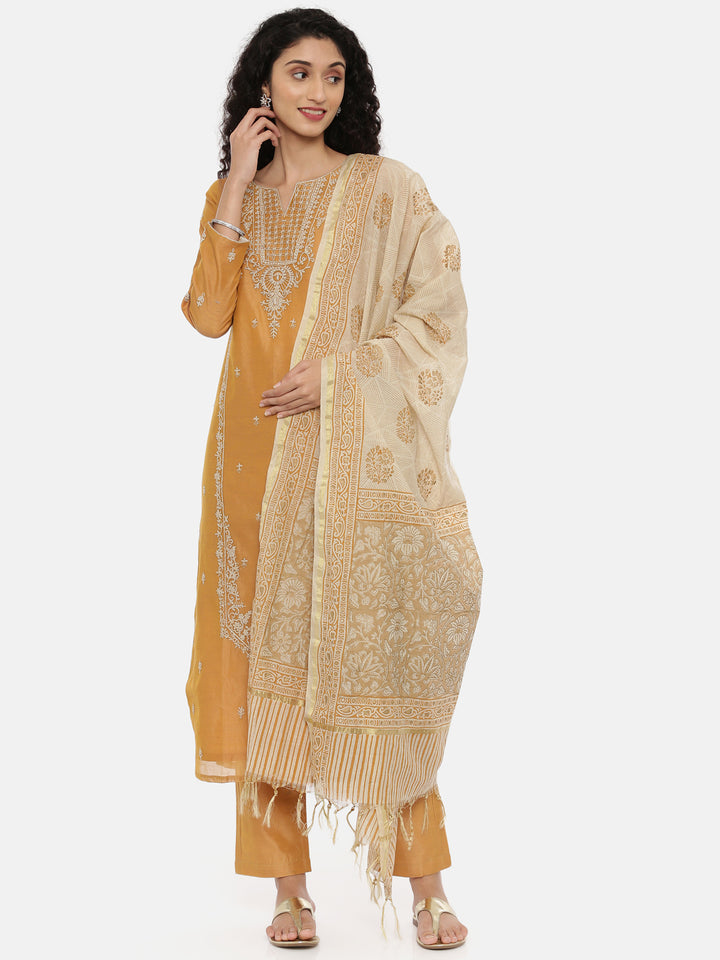Neerus Yellow embroidered kurta set with pant and dupatta - front view