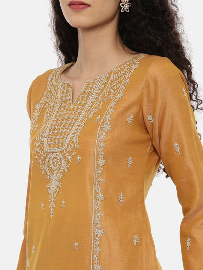 Neeru's Mustard Embroidered Kurta With Pant & Dupatta