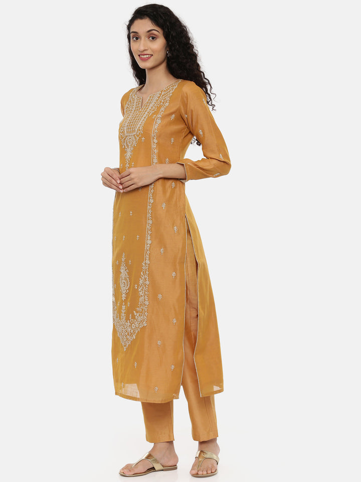 Neerus Yellow embroidered kurta set with pant and dupatta - side view