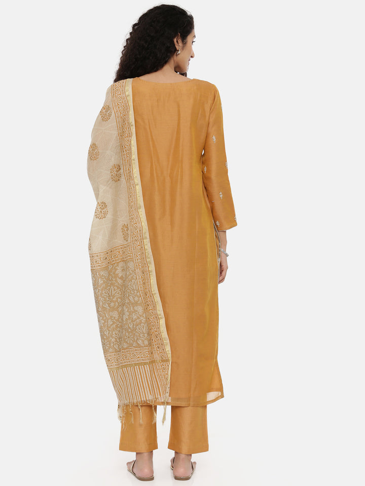Neerus Yellow embroidered kurta set with pant and dupatta - detail view 1