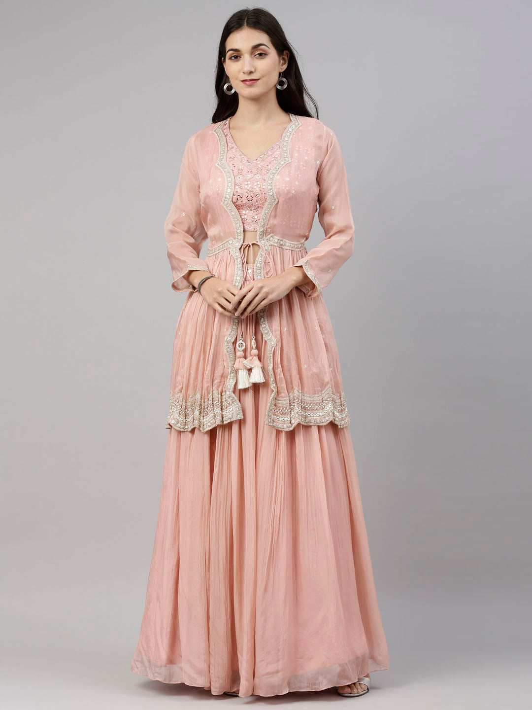 Neerus Pink organza embellished suit set - front view