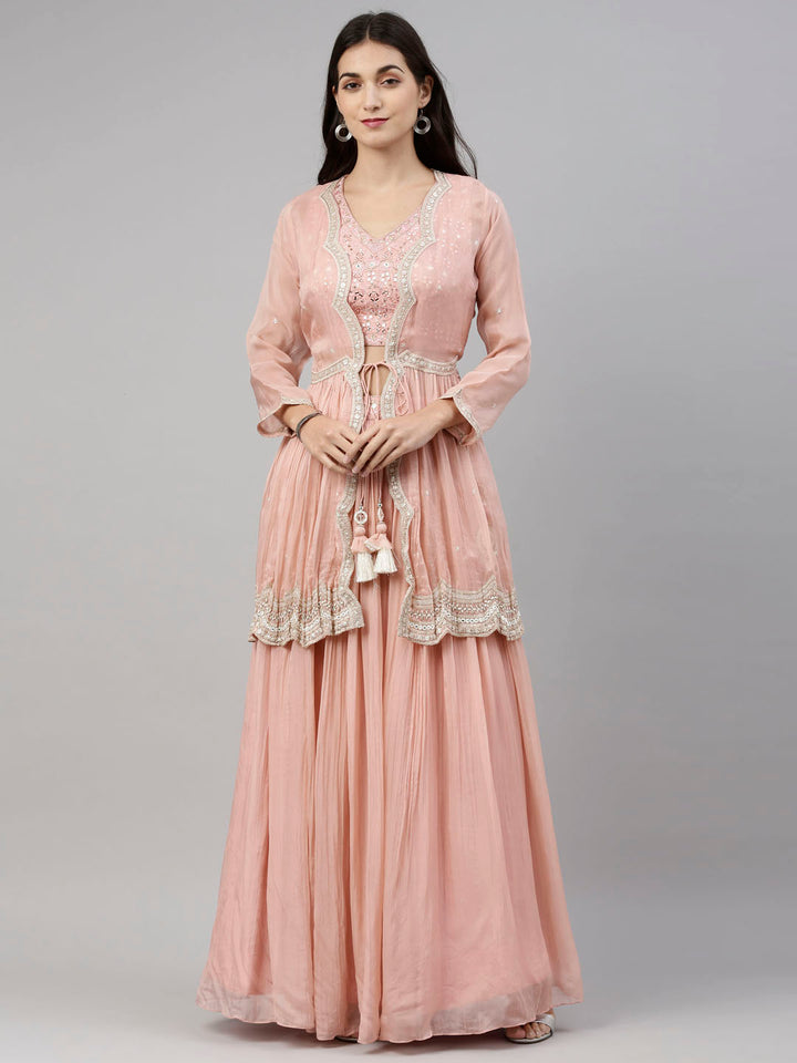 Neerus Pink organza embellished suit set - front view