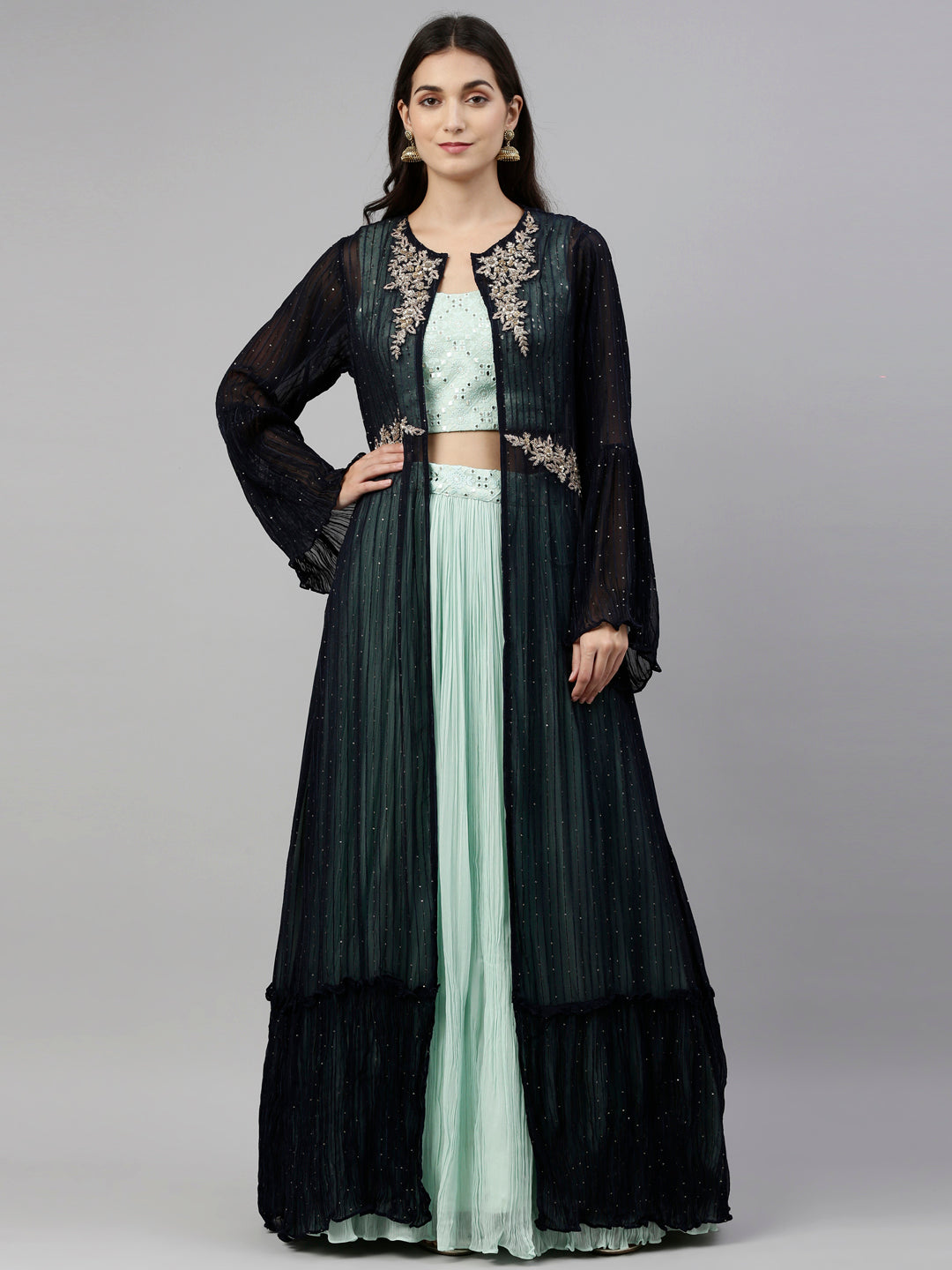 Neerus Green georgette straight co-ord suit set - front view