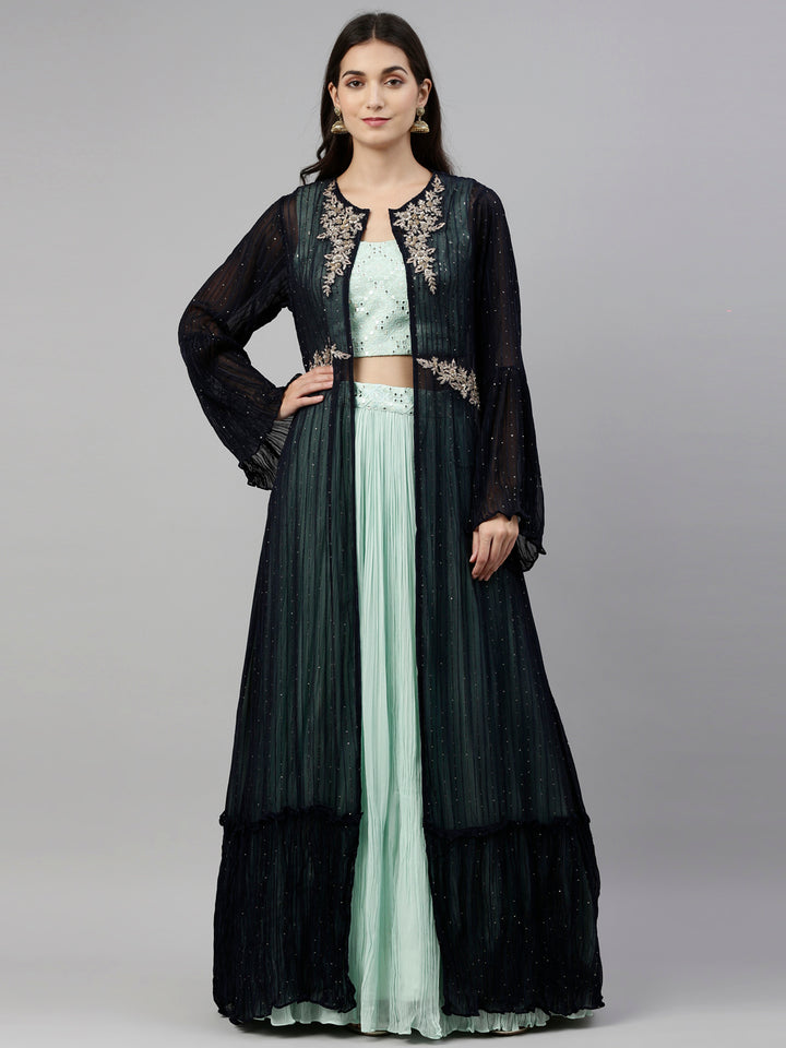 Neerus Green georgette straight co-ord suit set - front view