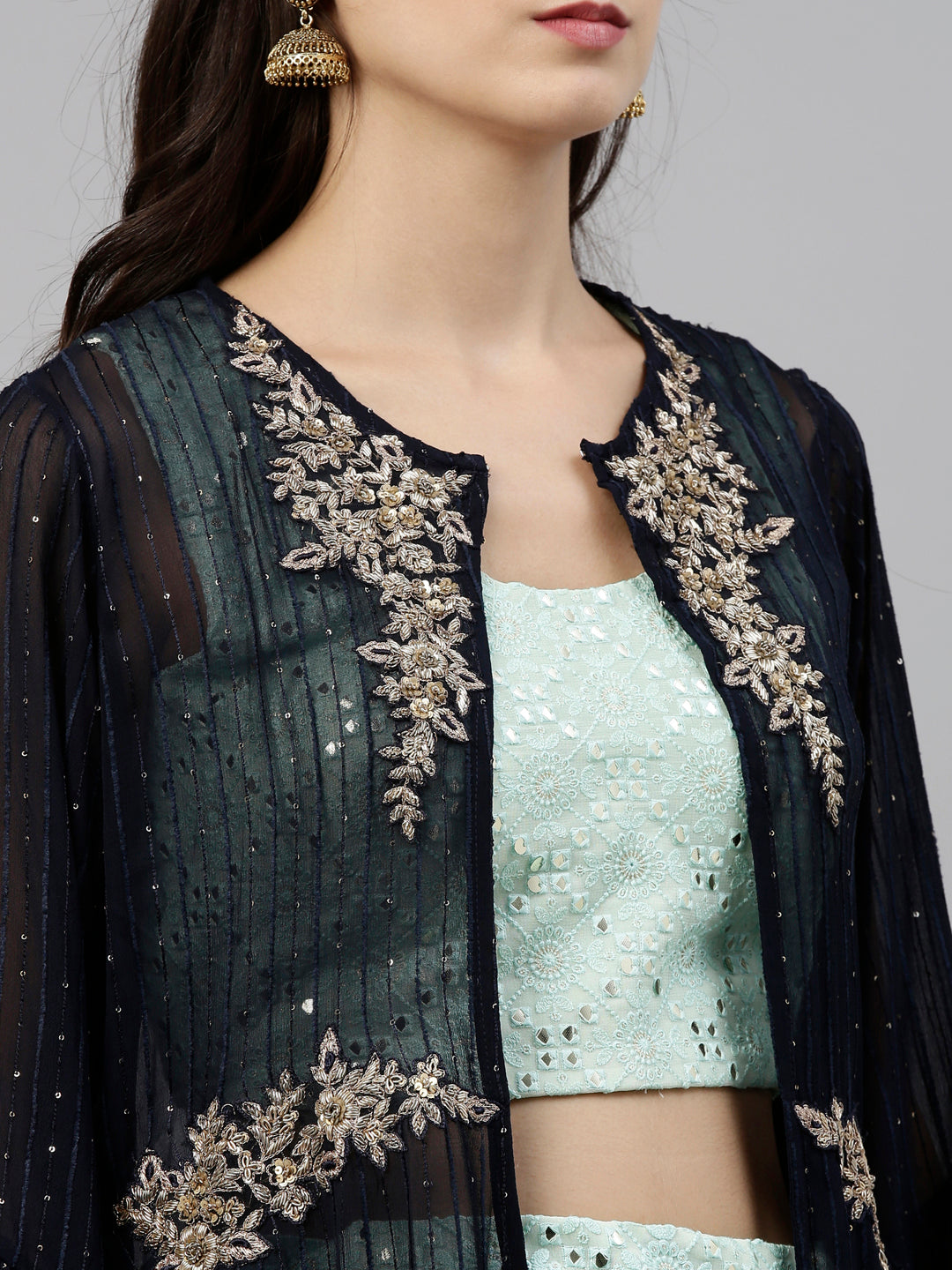 Neeru'S Sea Green Color, Georgette Fabric Suit-Fusion