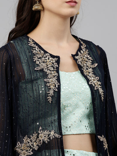 Neeru'S Sea Green Color, Georgette Fabric Suit-Fusion