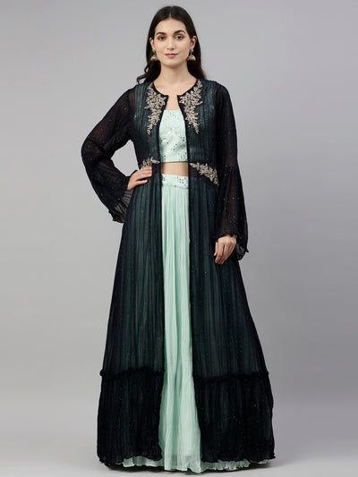 Neeru'S Sea Green Color, Georgette Fabric Suit-Fusion
