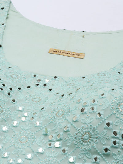 Neeru'S Sea Green Color, Georgette Fabric Suit-Fusion