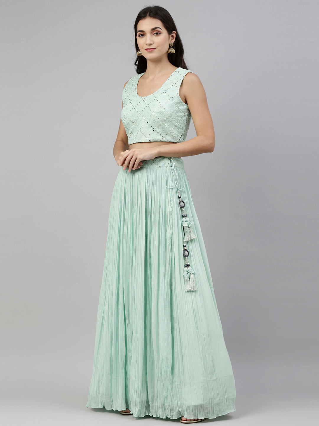 Neerus Green georgette straight co-ord suit set - detail view 2
