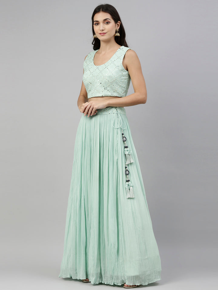 Neerus Green georgette straight co-ord suit set - detail view 2