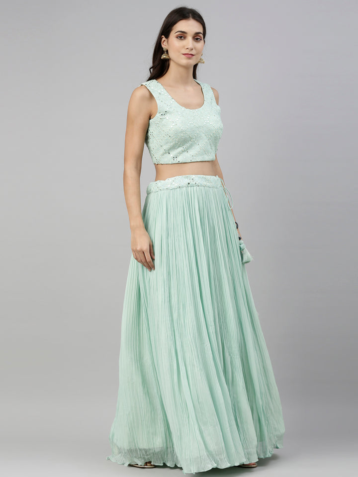 Neerus Green georgette straight co-ord suit set - detail view 3