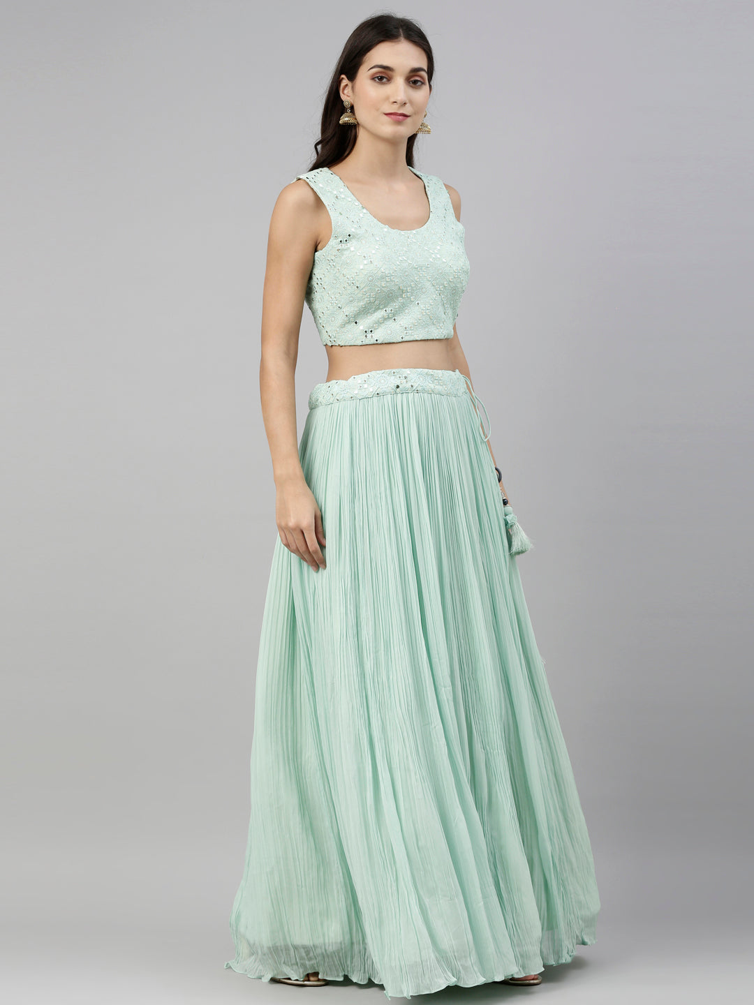 Neeru'S Sea Green Color, Georgette Fabric Suit-Fusion