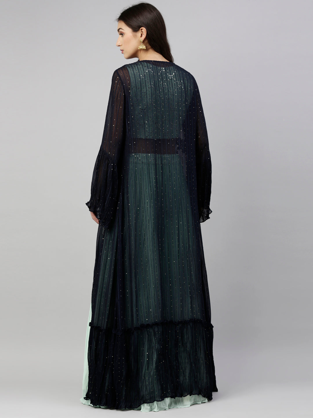 Neerus Green georgette straight co-ord suit set - detail view 4