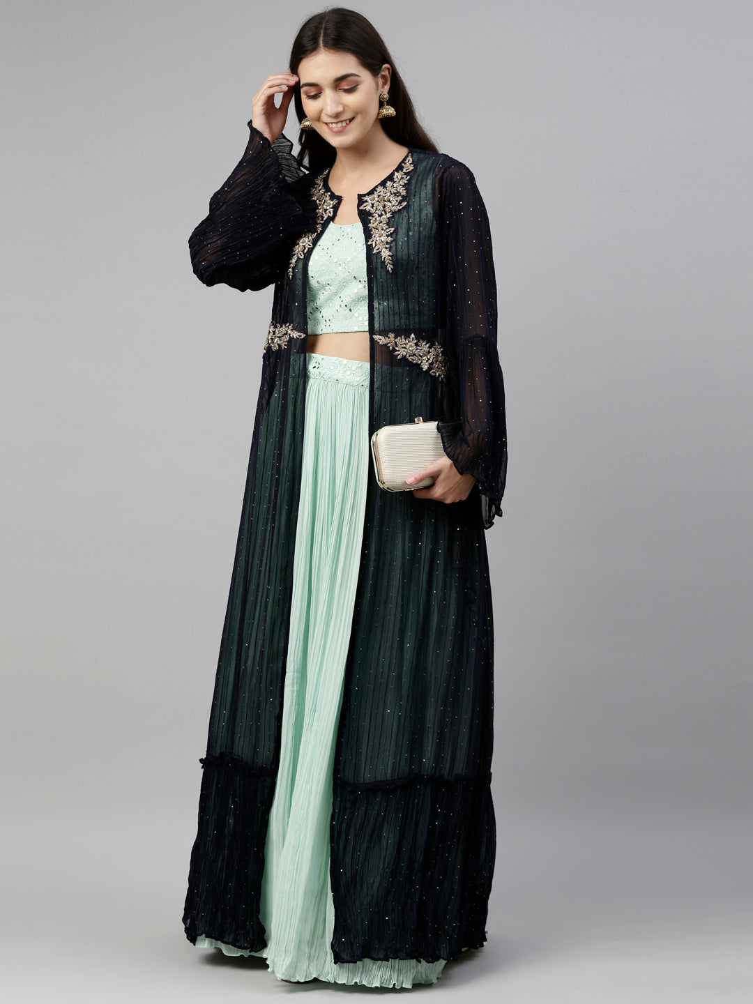 Neerus Green georgette straight co-ord suit set - detail view 5