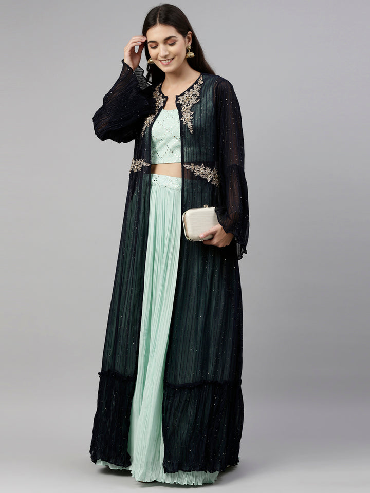 Neerus Green georgette straight co-ord suit set - detail view 5
