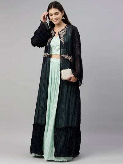 Neeru'S Sea Green Color, Georgette Fabric Suit-Fusion