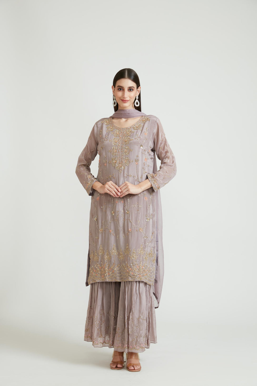 Neerus Pink crepe embroidered gharara suit set - front view