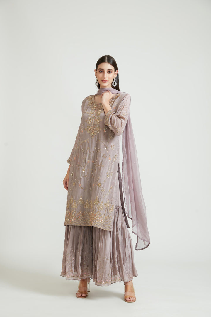 Neerus Pink crepe embroidered gharara suit set - back view