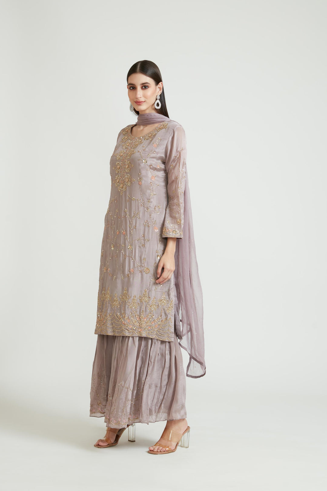 Neerus Pink crepe embroidered gharara suit set - side view