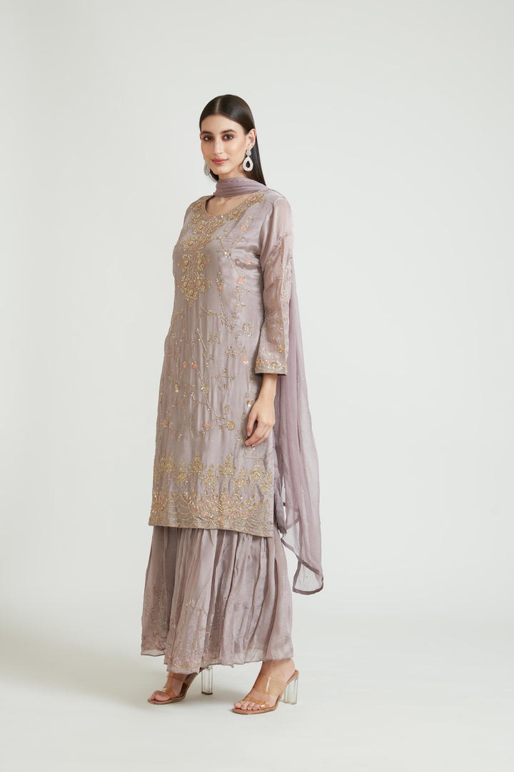Neerus Pink crepe embroidered gharara suit set - side view