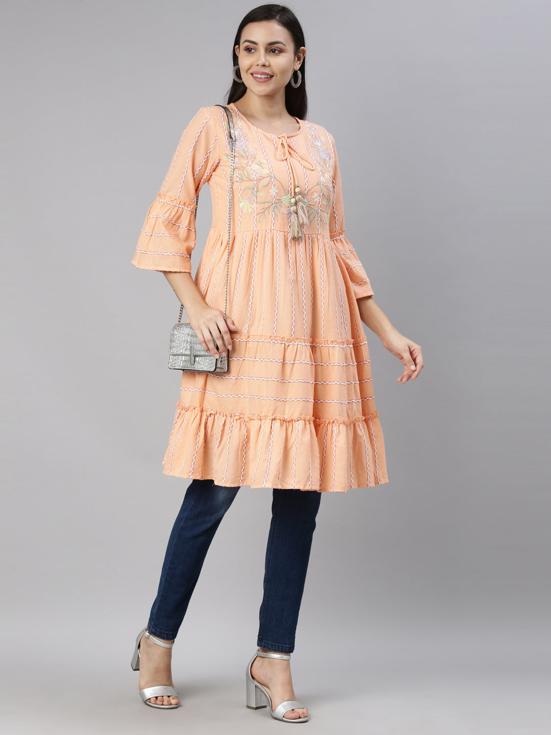 Neerus Pink rayon solid kurta - front view