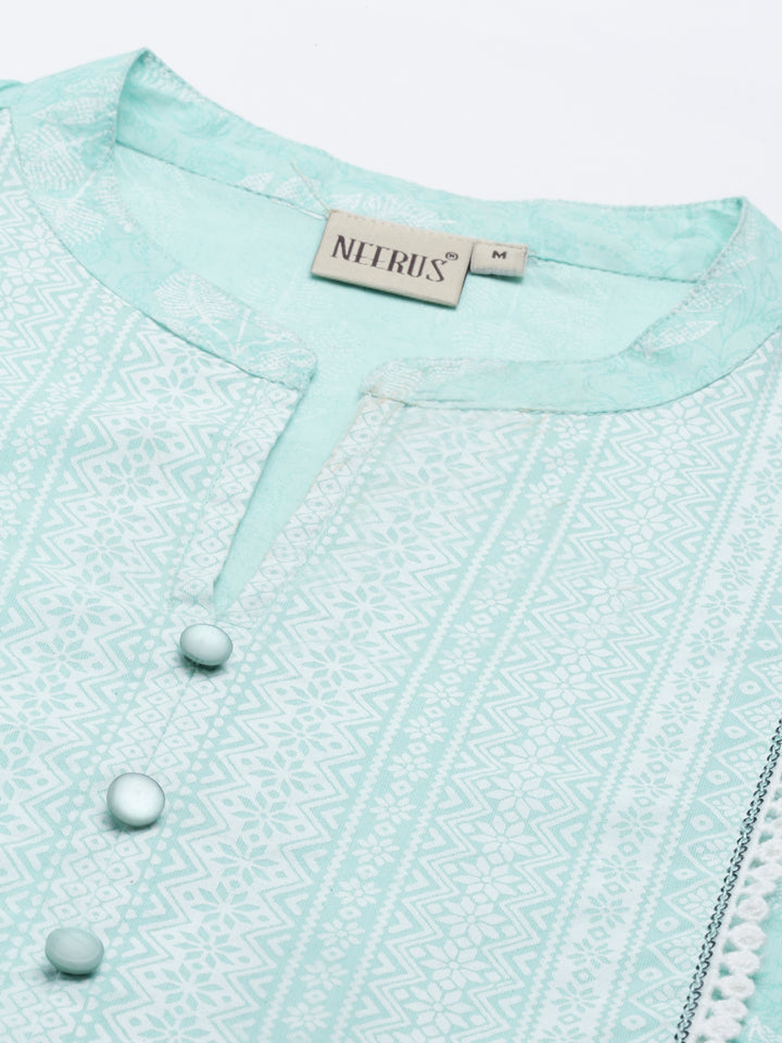 Neerus Sea Green Color Cotton Fabric Kurta