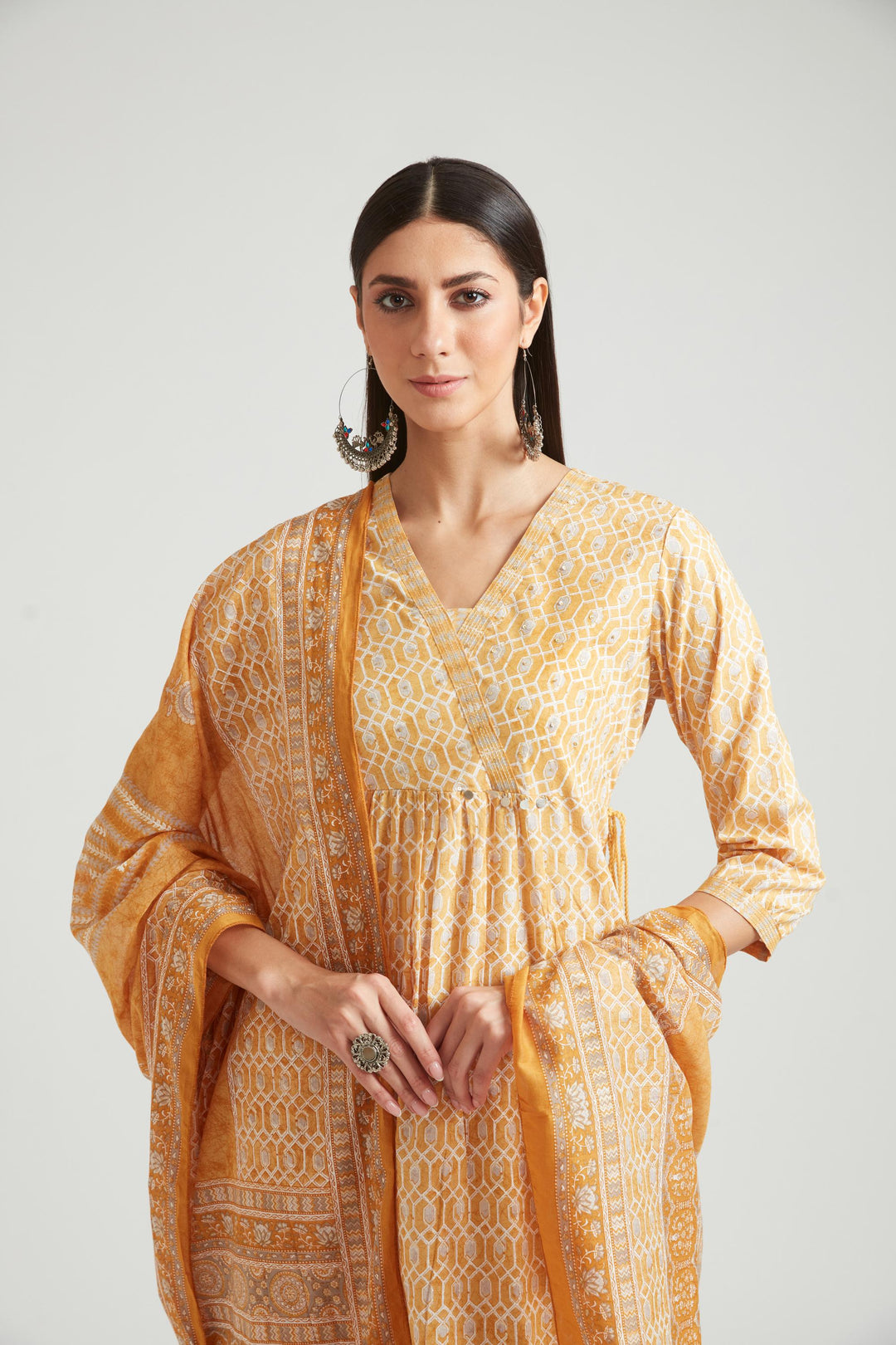 Neerus Yellow muslin straight kurta set - detail view 2