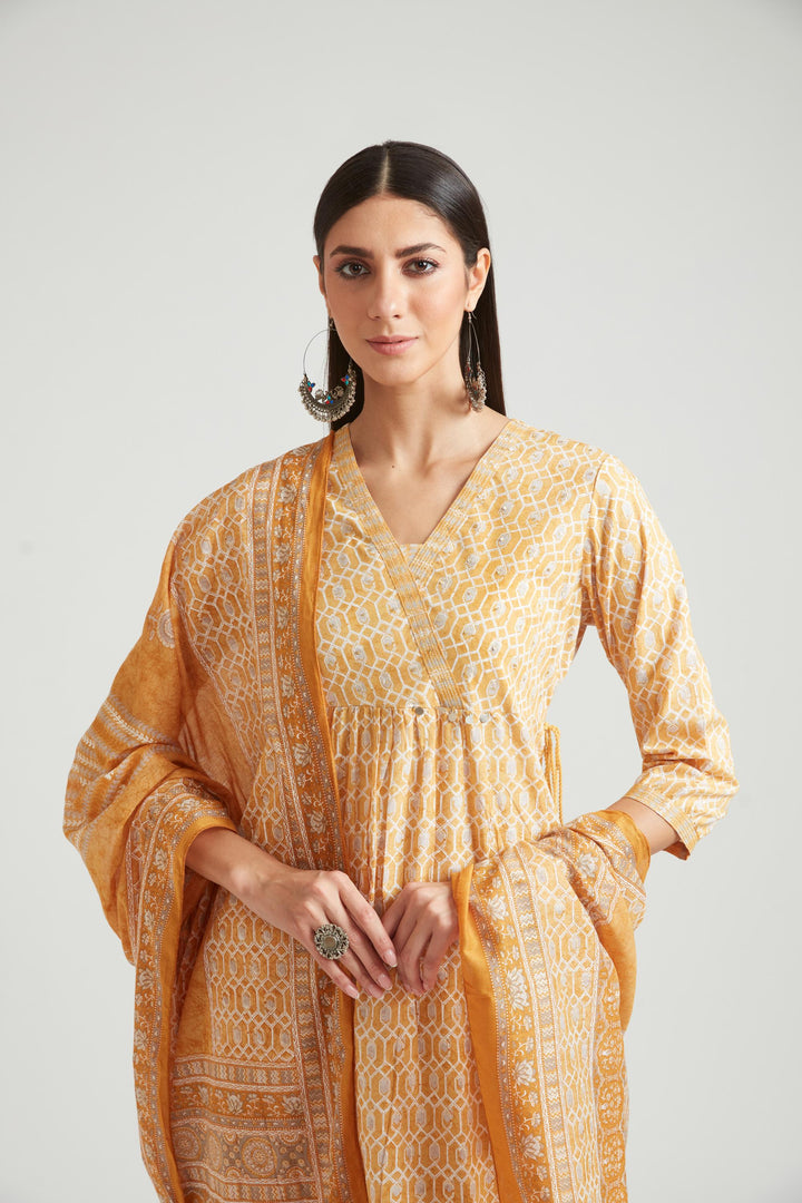 Neerus Yellow muslin straight kurta set - detail view 2