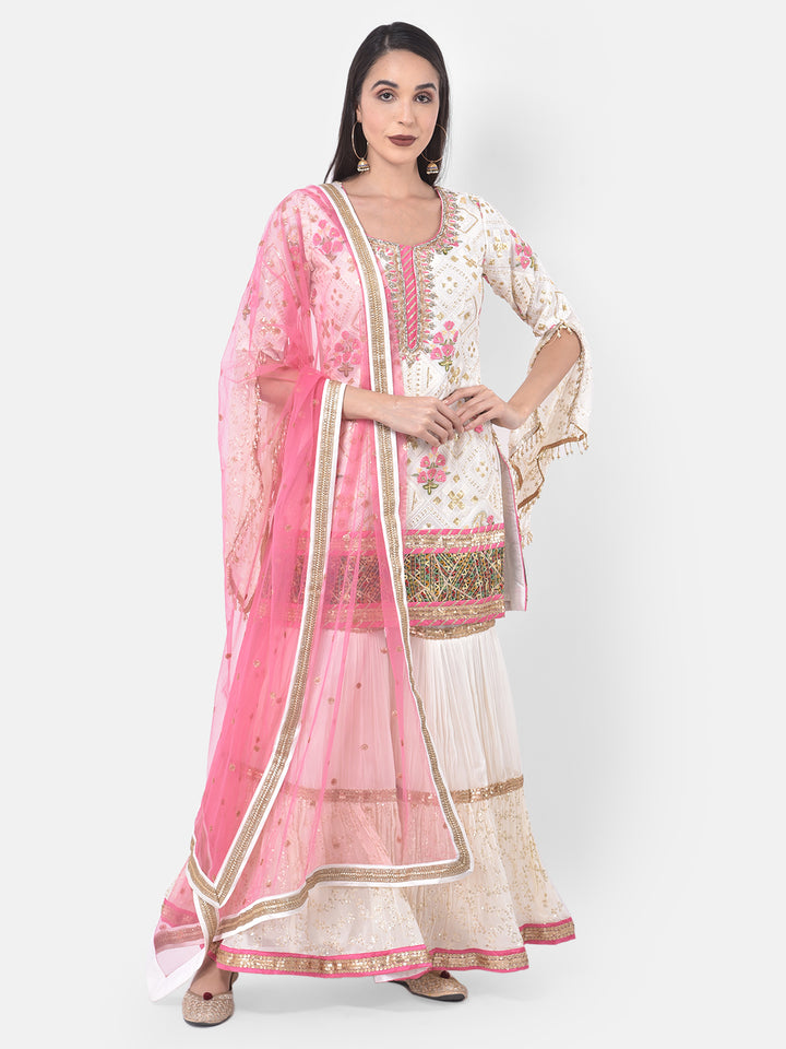Neerus White Georgette Embroidered Sharara Set - front view
